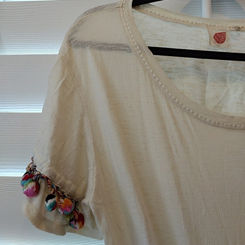 Anthropologie Cream Pom Pom Tshirt